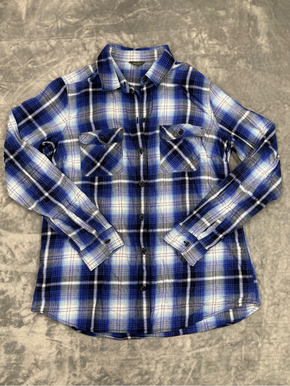 Eddie Bauer Blue and White Plaid‎ Women's Button-Up Long Sleeve Shirt